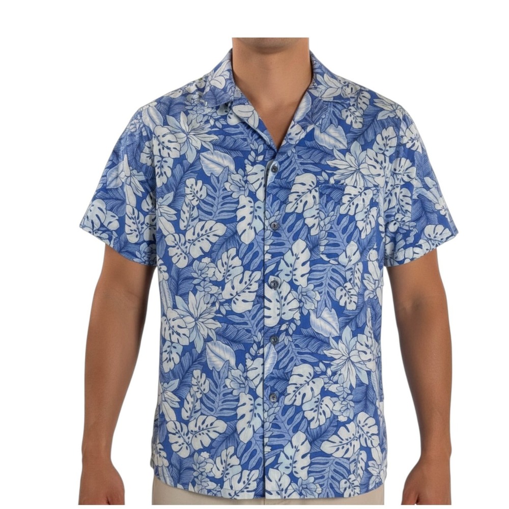 Hilo‎ Hattie Hawaiian Aloha Shirt Large Floral Flowers Leaves Blue White Rayon?